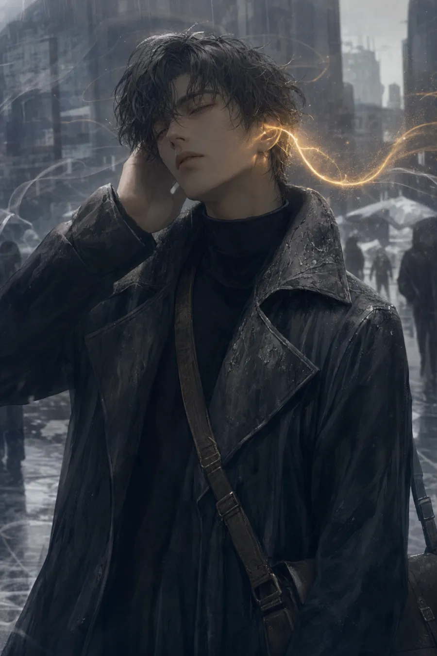 He stands in the grey rain, eyes half closed, listening. One golden thread curls near his ear.