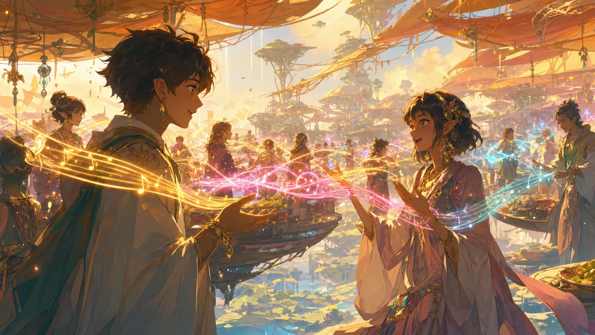 Two people talk in melodies of light instead of words.