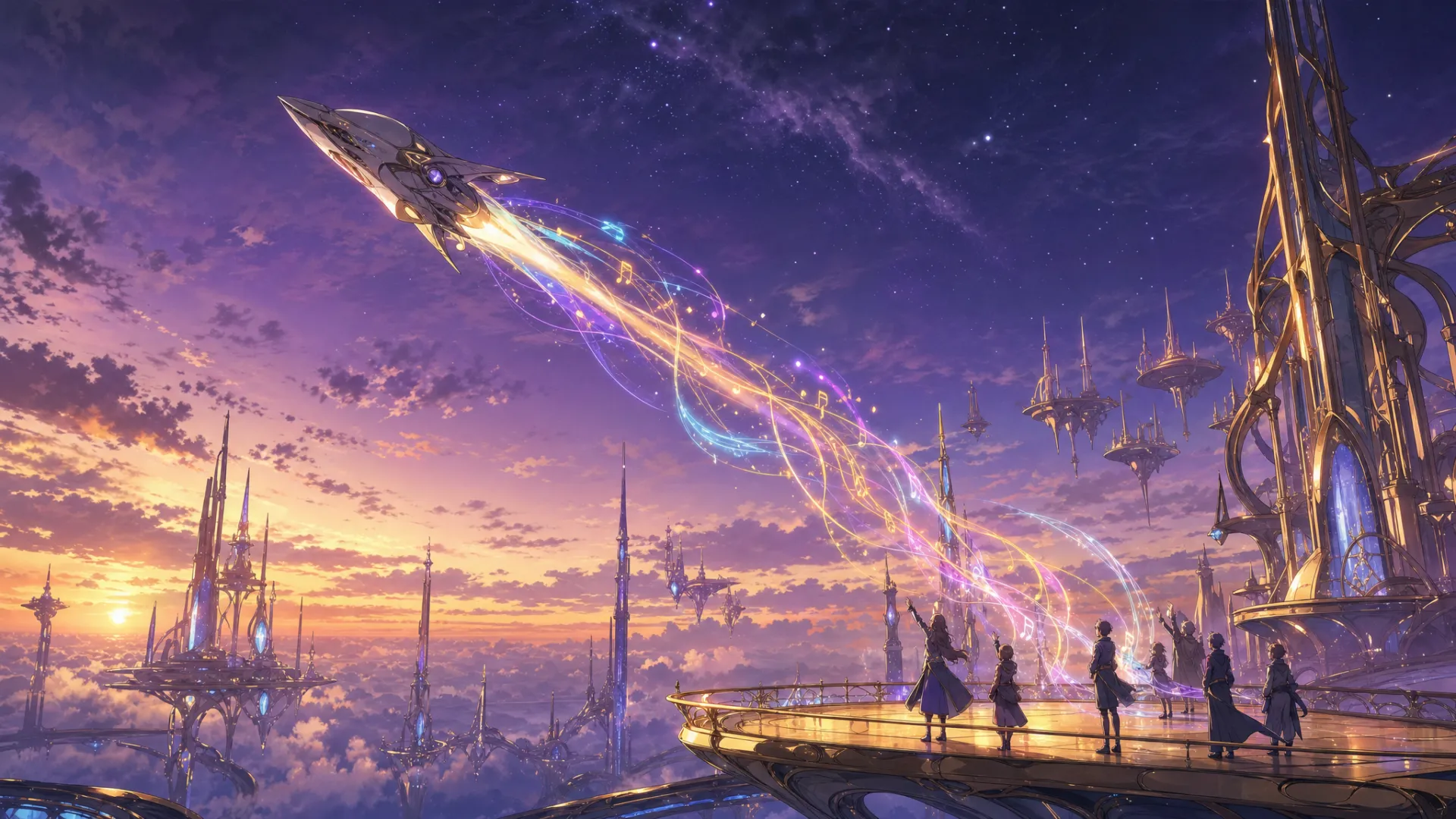An exploration ship lifts off from the golden city, its trail woven from melody light.