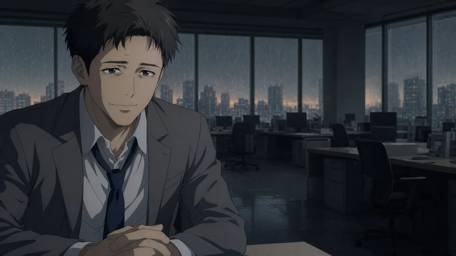 A tired office worker smiles politely across a desk.